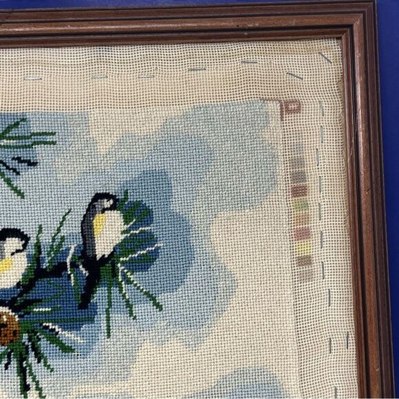 1980 Wood Framed Chickadee  Needlepoint Art (no glass) - Picture 5 of 9
